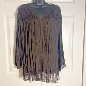 Elementz Shirt Women 2X Brown Crinkle Fabric Lace Detail Whimsigoth Boho Blouse
